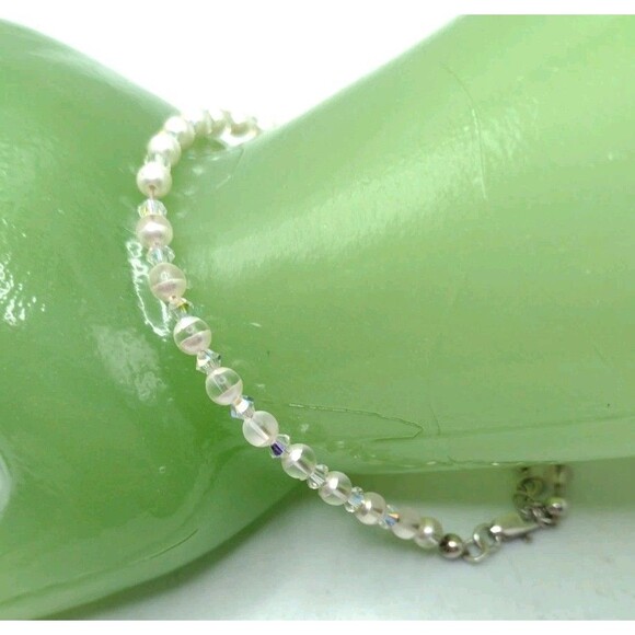 Vtg 925 Sterling Silver Clasp Faux Pearl & AB Aurora Borealis Facetted Bead 8" - Picture 4 of 11